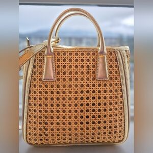 Talbots Tan Woven Rattan Tote with gold Metallic Trim